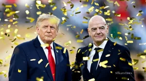 US President Donald Trump and FIFA President Gianni Infantino during the trophy presentation after the match