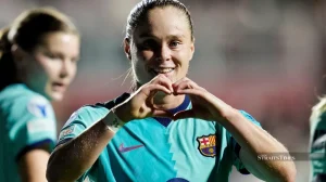 Barcelona's Ewa Pajor celebrates scoring their sixth goal against Roma in the UEFA Women's Champions Leagueat the Stadio Tre Fontane.